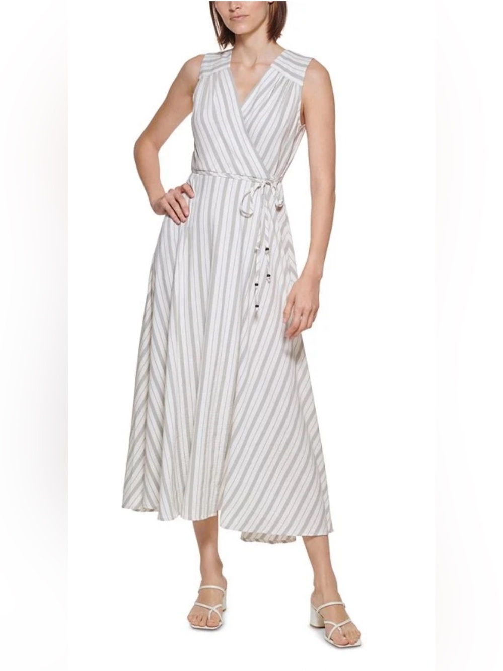 Calvin Klein White and Light Gray Striped Wrap Maxi Dress